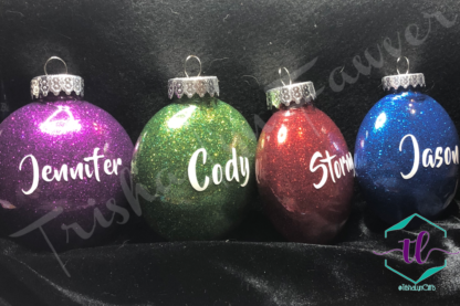 Custom Glitter Ornaments in Purple, Green, Red, & Blue