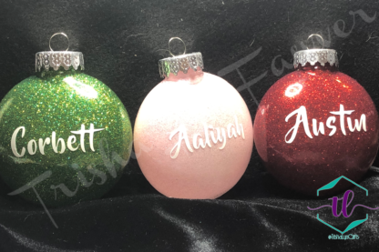 Custom Glitter Ornaments in Green, Pink, & Red